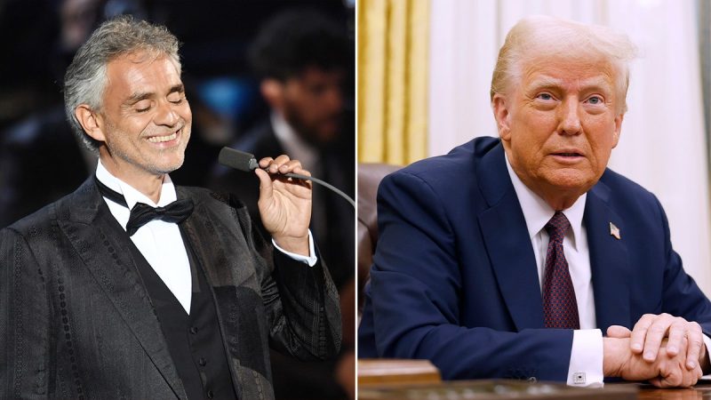 Andrea Bocelli paid President Donald Trump a visit at the White House on Oct. 17.
Trump’s special assistant, Margo Martin, shared a video of the moment on X, formerly known as Twitter.
While the Italian tenor appeared to give an impromptu performance in the Oval Office, Trump stood behind the Resolute Desk as Bocelli stood in front, wearing a black suit and tie with sunglasses on.
‘Listen to this,’ Trump said as ‘Time to Say Goodbye’ started playing in the Oval Office.
Bocelli began singing along with the track before he took a moment to laugh. He then continued to sing until the video concluded.
Another video posted by Martin shows Trump and Bocelli talking at the president’s desk and listening to a recording of a Bocelli song.
Trump told reporters Bocelli would be performing at the White House on Dec. 5, two days before the Kennedy Center Honors, according to Deadline. 
Bocelli’s representatives did not immediately respond to Fox News Digital’s request for comment.
Bocelli’s visit to the White House came just before the President of the United States welcomed the President of Ukraine, Volodymyr Zelenskyy, for the high-stakes summit. 
It is unclear if Bocelli’s visit and Zelenskyy’s are connected.
This post appeared first on FOX NEWS Andrea Bocelli gives Trump impromptu Oval Office performance during White House visit